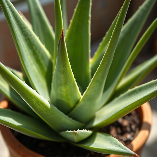 Close-up de uma planta Aloe Vera com folhas grossas e suculentas em um vaso ensolarado.