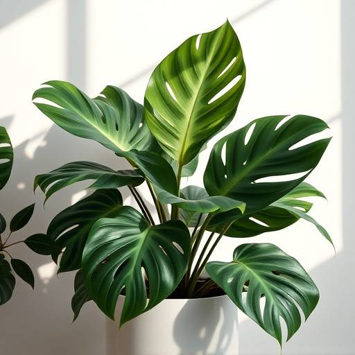 Foto da planta Monstera Deliciosa com grandes folhas recortadas em um vaso moderno.
