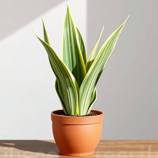 Foto da Sansevieria Trifasciata (Espada de São Jorge) com folhas verticais listradas em um vaso de barro.