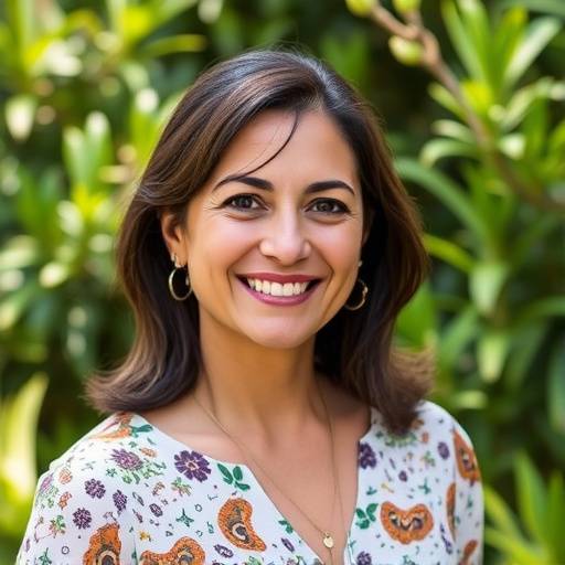Foto de Ana Carolina Oliveira, fundadora e CEO da VerdeLar, sorrindo em frente a um jardim exuberante.
