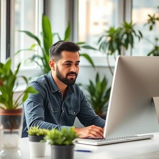 Foto de Lucas Silva, especialista em marketing digital da VerdeLar, trabalhando em um computador com gráficos de plantas.