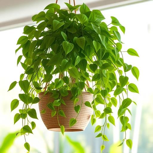 Foto de um Pothos (Jibóia) com longas vinhas pendentes em um vaso suspenso.