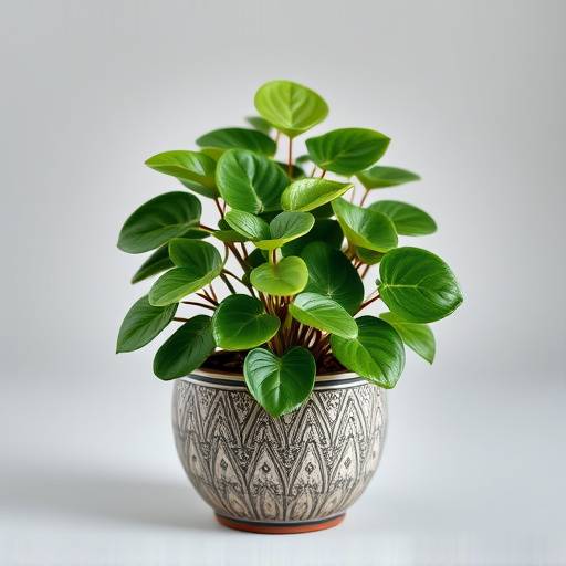 Imagem de uma planta Peperomia Obtusifolia com folhas arredondadas e brilhantes em um pequeno vaso decorativo.