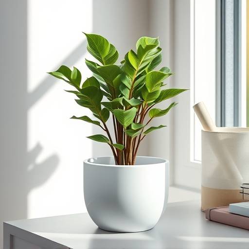 Imagem de uma planta Zamioculcas Zamiifolia (ZZ Plant) em um vaso cerâmico minimalista.