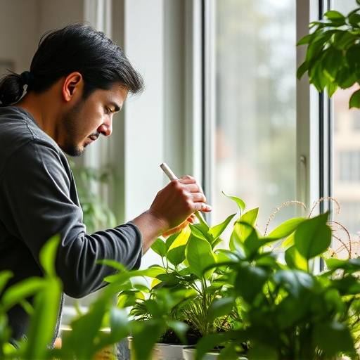 Uma pessoa cuidando de plantas em um ambiente iluminado, transmitindo a essência da VerdeLar.